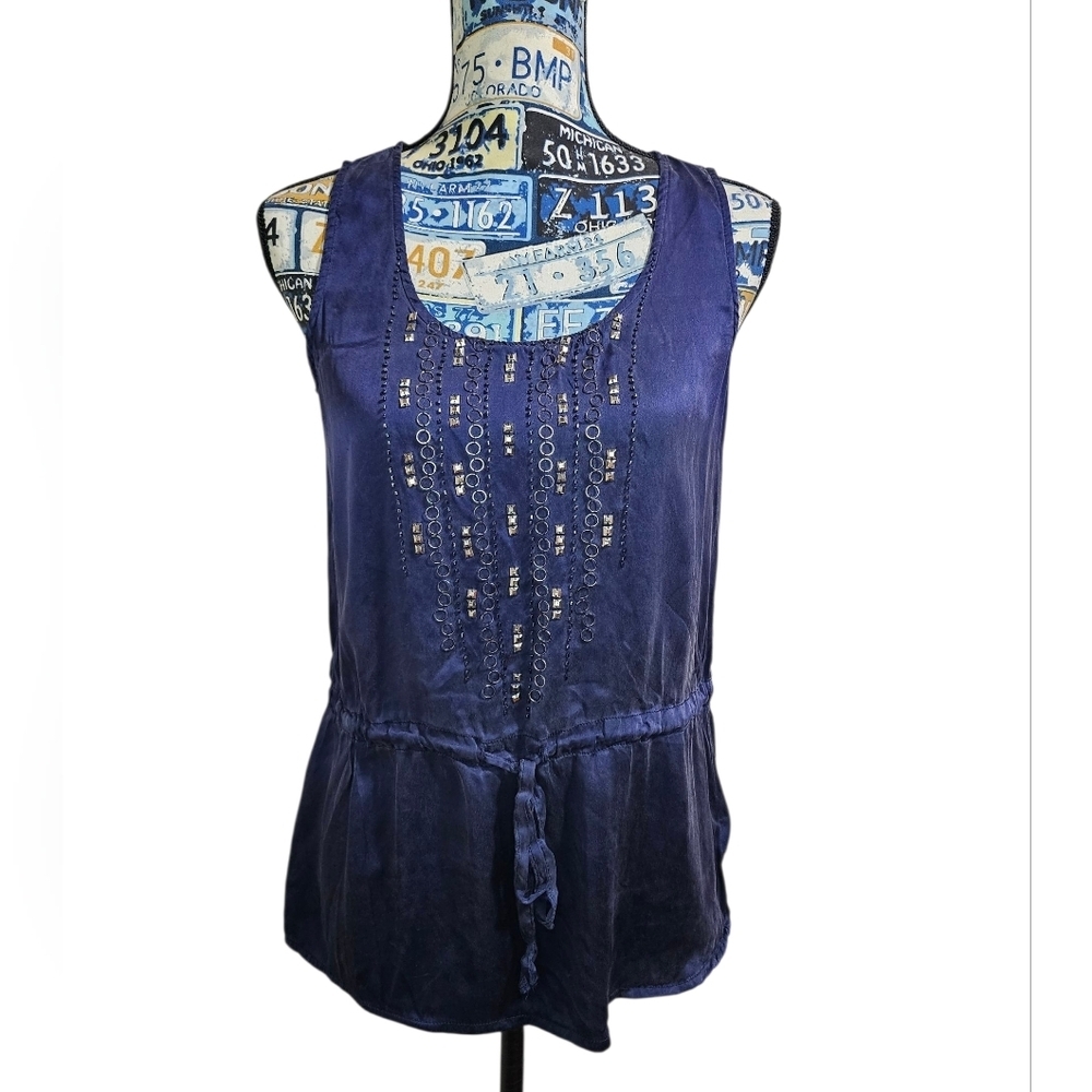Forever 21 Navy Blue 100% Silk Tank Embellished Tie Waist